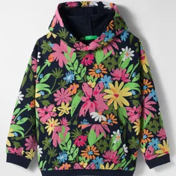 UCB Cotton Knit Full Sleeves Hooded Sweatshirt With Floral Print & Kangaroo Pockets - Navy Blue-picture-25