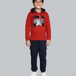 Plum Tree 100% Cotton Knit Full Sleeves Game On Text Sequins Embellished Light Winter Hooded Sweatshirt & Cargo Joggers Set - Red-picture-23