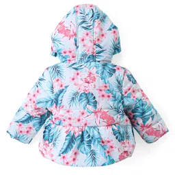Babyhug Woven Full Sleeves Front Open Padded Hooded Jacket with Floral Print & Bow Applique - Pink image 2