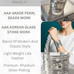 ORANGENYSHA Silver-Plated Crystals Studded And Pearls Beaded Cuff Bracelet image 4