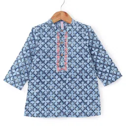Babyhug 100% Cotton Full Sleeves Woven Floral Printed Kurta Dhoti Set - Blue image 4