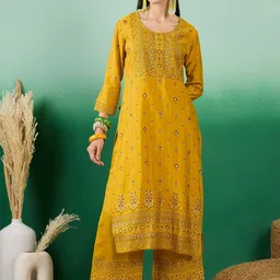 Sangria Floral Printed Round Neck Straight Kurta With Palazzos image 1