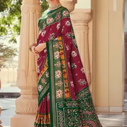 Satrani Maroon & Green Printed Saree With Unstitched Blouse-image-17