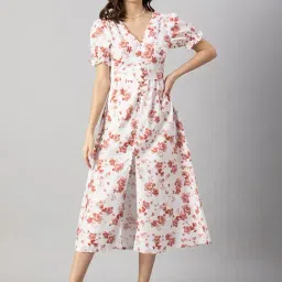 Moomaya White & Coral Floral Print Midi Dress-image-24