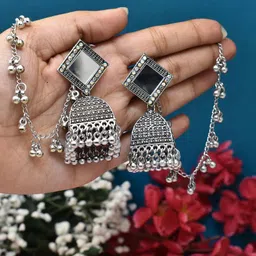 MEIRA JEWELLERY Silver-Plated Artificial Studded & Beaded Oxidised Dome Shaped Jhumkas-picture-17
