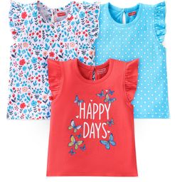 Babyhug Cotton Knit Sleeveless T-Shirt with Frills Floral & Dot Graphics Pack of 3- Blue & Red-picture-28