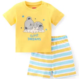 Babyhug Cotton Knit Single Jersey Half Sleeves Night Suit With Teddy Print - Yellow-picture-16