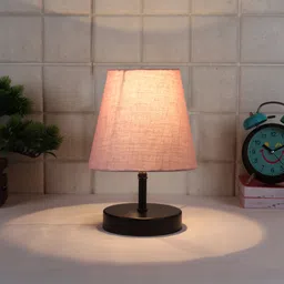 Devansh Grey cotton Round Wood Black Table Lamp image 1
