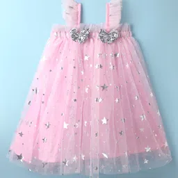 Babyhug Woven Sleeveless Party Dress With Foil Star Print & Bow Applique - Pink-picture-17