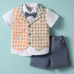 ToffyHouse Poplin Woven Half Sleeves 3 Piece Checkered Party Suit with Bow - Navy Blue-picture-32