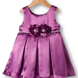 Babyhug Woven Sleeveless Pleated Party Dress With Floral Corsage - Purple-picture-25