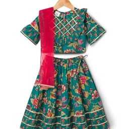 teentaare TEENTAAARE Cotton Woven Half Sleeves Choli Lehenga & Dupatta Set With Floral Print - Green-picture-15