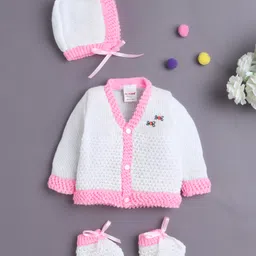 BUMZEE Knit Full Sleeves Cable Knit Design Solid Color Front Open Sweater with Cap & Booties - White & Pink-image-96