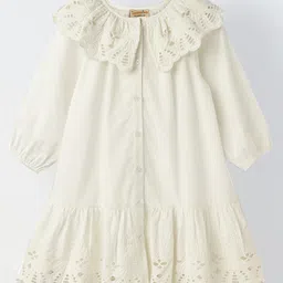 Spunkies Cotton Woven Full Sleeves Schiffli Embroidered Peter Pan Collar Shirt Style Dress - White-picture-18