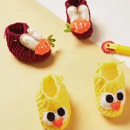 MayRa Knits Hand Knitted Pack Of 2 Bird & Carrot Designed Booties - Magenta & Yellow-picture-20