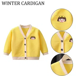 MOMISY Full Sleeves Doll Printed Front Open Cardigan - Yellow image 3