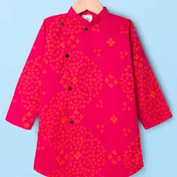 Teentaare Cotton Woven Full Sleeves Kurta Dhoti Set with Bandhani Print - Red image 2