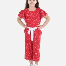 Cutiekins Woven Half Sleeves Stars Printed Jumpsuit - Red & White image 5