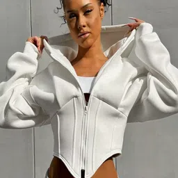 Outzidr Women Solid Front-Open Corset Sweatshirt With Hoodie-image-14