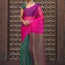 Swtantra Green & Pink Cotton Silk Embroidered Saree-image-22