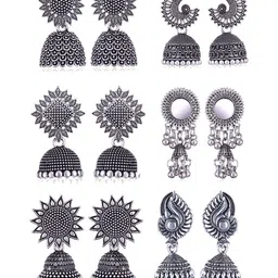Sangria Set Of 6 Silver-Plated Dome Shaped Oxidized Jhumkas-image-61