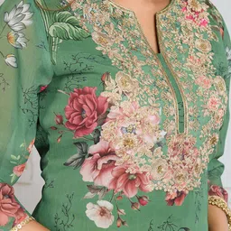House of Pataudi Floral Printed & Embroidered Straight Kurta & Trousers With Dupatta image 3