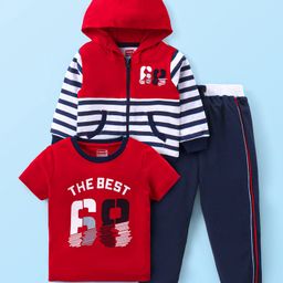 Babyhug Cotton Knit Full Sleeves Striped Hoodie With T-Shirt & Lounge Pants - Multicolor-image-82