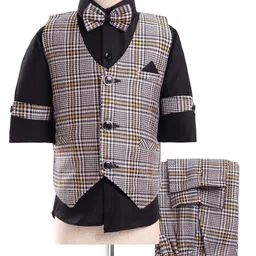 Rikidoos Full Sleeves Solid Shirt With Checked Waistcoat Pant & Bow Set - Black & Melange-picture-19