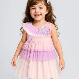 Babyhug Woven Sleeveless Mesh Party Dress With Bow Applique - Multicolor-picture-22