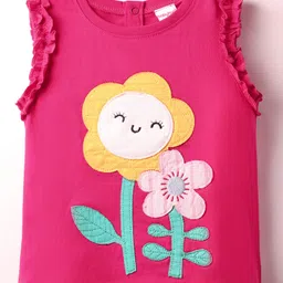 Babyhug Cotton Knit Frill Sleeves With Floral Patch & Embroidery - Dark Pink-picture-17