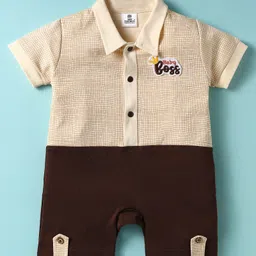 Mini Taurus Cotton Knit Half Sleeves Checks Romper With Patch - Brown-picture-15