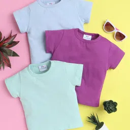 Knitting Doodles Pure Cotton Pack Of 3 Half Sleeves Solid Tee - Sea Green Purple & Light Blue-picture-12