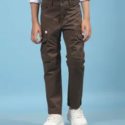 CRIMSOUNE CLUB Cotton Solid Pocket Detailed Cargo Trousers - Brown-picture-28