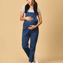 The Mom Store Denim Sleeveless Solid Maternity Dungaree - Blue-picture-16