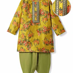 EARTHY TOUCH Rayon Woven Mandarin Collar Full Sleeves Kurta Dhoti Set With Floral Print - Mustard-picture-19