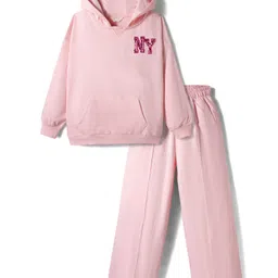 Primo Gino 100% Cotton French Terry Knit Full Sleeves Hooded Sweatshirt with Jogger Co-Ord Set with NY Sequin - Pink-picture-31