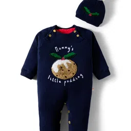 Yellow Apple Viscose Knit Full Sleeves Romper With Fruit Embroidery & Cap - Navy Blue-image-15