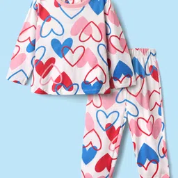 Babyhug Cotton Knit Full Sleeves Co-ords Night Suit With Heart Print - Pink image 1