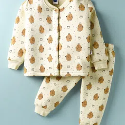 Teddy Knit Full Sleeves Co-ords Fleece Winter Night Suit with Animal Print - Beige-picture-23