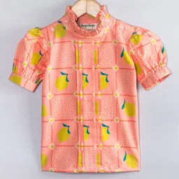 Hugsntugs Cotton Woven Half Puffed Sleeves Floral & Lemons Printed Top - Peach-picture-33