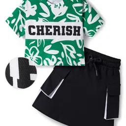 OLLINGTON ST. Cotton Knit Half Sleeves Cherish Text Printed Top & Skirt- Green & Black-image-75