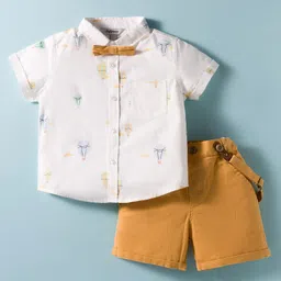 ToffyHouse Cotton Woven Half Sleeves Hot Air Balloon Print Shirt & Shorts Set with Bow & Suspender - Light Brown & White-image-88