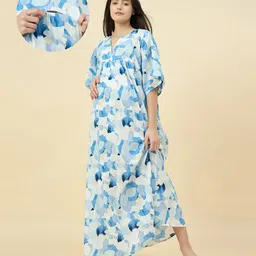 The Kaftan Company Cotton Woven Three Fourth Sleeves Abstract Printed Maternity Nighty With Concealed Zipper Nursing Access - Blue-image-60