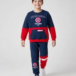 Primo Gino Marvel Terry Knit Full Sleeves Cut & Sew Sweatshirt and Trackpants with Captain America Graphic and Kangaroo Pocket Detailing - Navy Blue & Red-picture-10