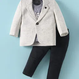 Dapper Dudes Full Sleeves Textured Blazer With Typography Printed Tee & Pant Set - Grey-picture-11