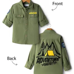 Kookie Kids Tussor Woven Full Sleeves Shirt with Badges & Adventure Text Print - Olive Green-image-74