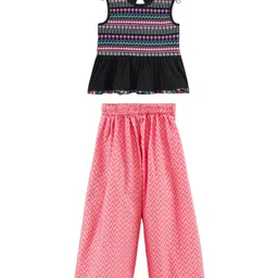 Twisha Cotton Woven Sleeveless Geometric Printed Top With Palazzo Set - Black & Coral-picture-21