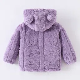 Kookie Kids Full Sleeves Front Open Hooded Fur Winter Jacket with Ears Applique & Bear Patch Detailing - Purple image 2