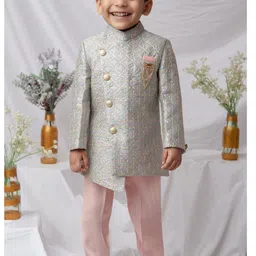 LITTLE COLLARS Boys Sequins Embellished Mandarin Collar Sherwani With Pyjama & Brooch-picture-49