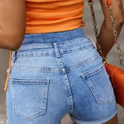 errabelly Errabellydusk Women blue button fly high waist roll edge denim shorts image 3